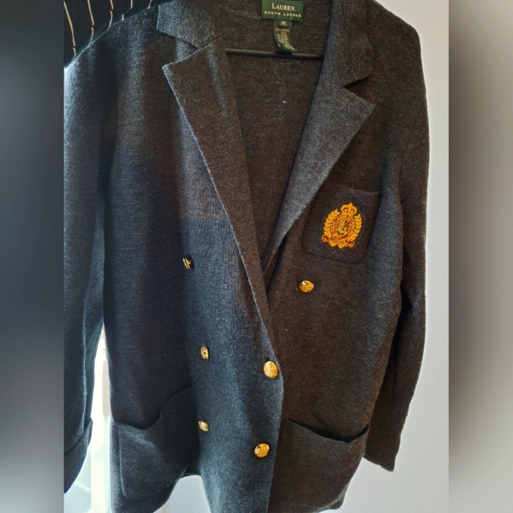 Ralph Lauren 100% merino wool sweater knit blazer double breasted gold buttons